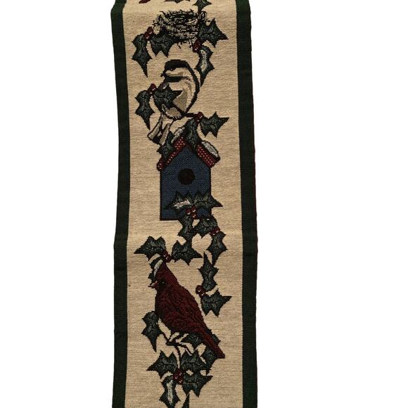 Bell Pull Tapestry Backyard Birds At Christmas Wall Hanging 40” Wooden Dowel - Picture 3 of 5